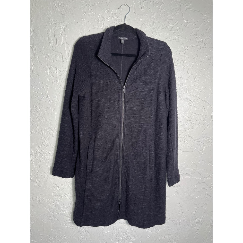 Eileen Fisher Organic Cotton Zip Front Long Cardigan Coat Textured Knit Black M